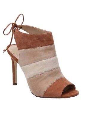 BCBGeneration Suede Peep Toe Heels Brown Beige Strappy Stiletto Dress Sandals